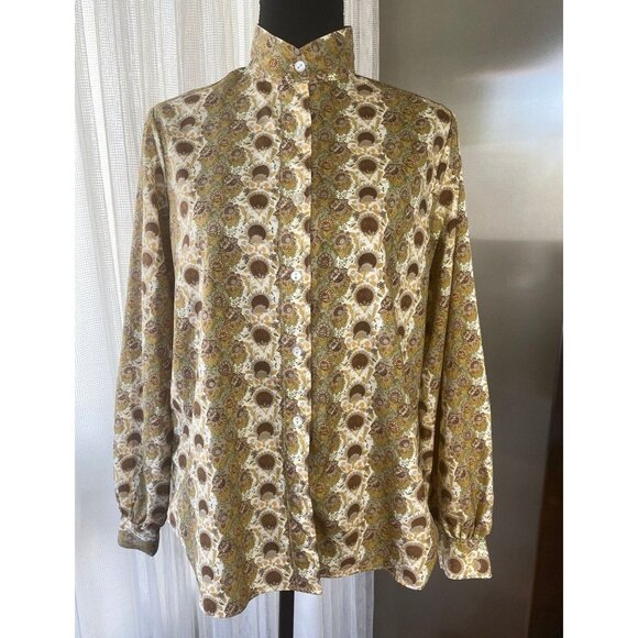 Vintage 80s satin blouse, green sunflowers pattern, long sleeves, officewear - Picture 1 of 9